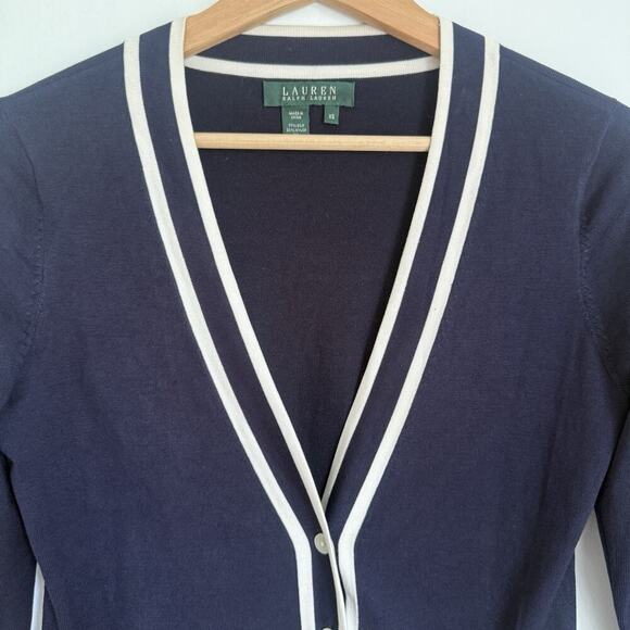 Lauren Ralph Lauren Silk Navy Cardigan XS Quiet Luxury Preppy Dark Academia - Picture 2 of 10
